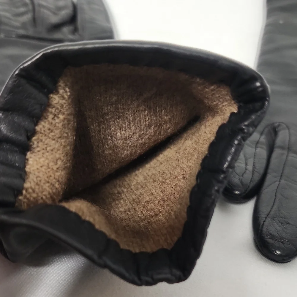 Aris Black Leather Cashmere Gloves Size 6 1/2